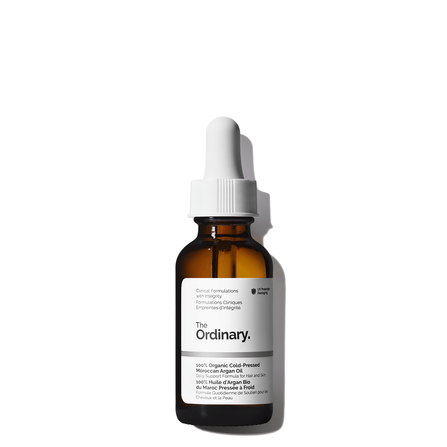 The Ordinary 100% Organic Cold-Pressed Moroccan Argan Oil to support healthy skin, reduce the appearance of flaking, and add sheen and strength to hair