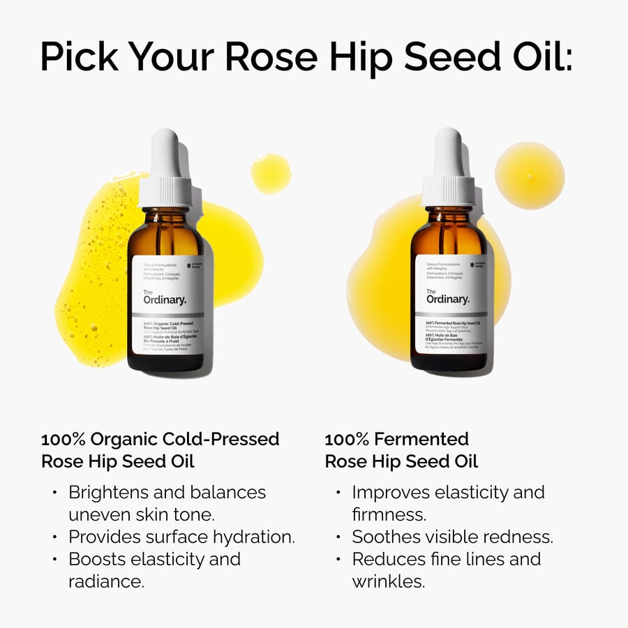 Compare our 100% Organic Cold-Pressed Rose Hip Seed Oil and 100% Fermented Rose Hip Seed Oil  to see which one is right for you