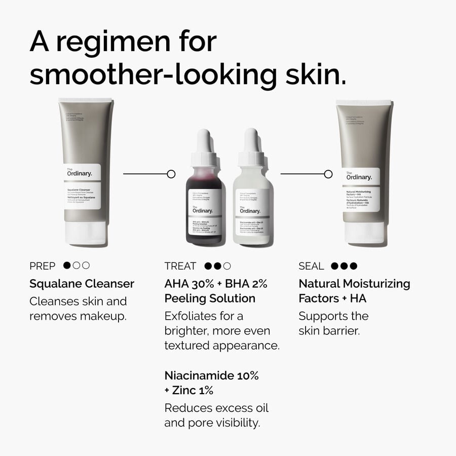Apply AHA 30% + BHA 2% Peeling Solution followed by Niacinamide 10% + Zinc 1%  for smoother looking skin.
