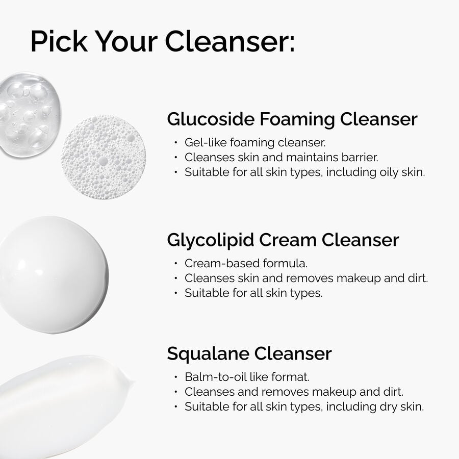 Three cleansers to choose from: foaming gel for all skin types, cream cleanser for makeup removal, and squalane balm-to-oil for dry skin.