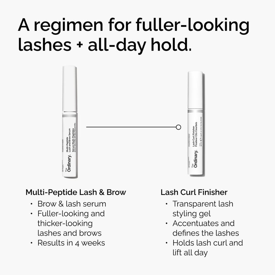 A 2-step regimen for fuller lashes and all-day hold. It pairs The Ordinary Multi-Peptide Lash & Brow Serum for fuller lashes with the Lash Curl Finisher, a transparent gel that holds lash curl and lift all day.