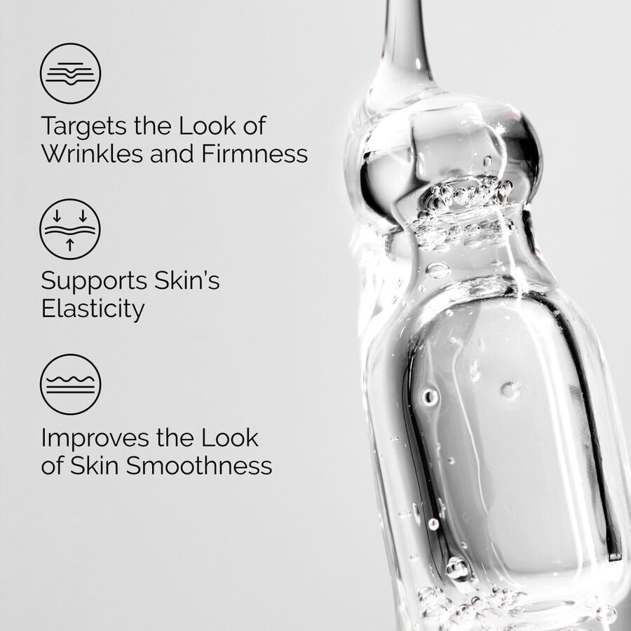 Close-up of Multi-Peptide + HA Serum texture highlighting benefits for wrinkles, firmness, elasticity, and smoothness.