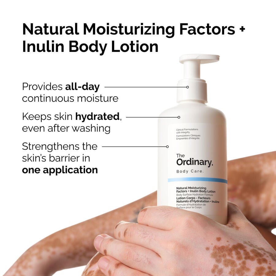 A person holds The Ordinary Natural Moisturizing Factors + Inulin Body Lotion. Text highlights benefits: provides all-day moisture, keeps skin hydrated after washing, and strengthens the skin's barrier in one application.