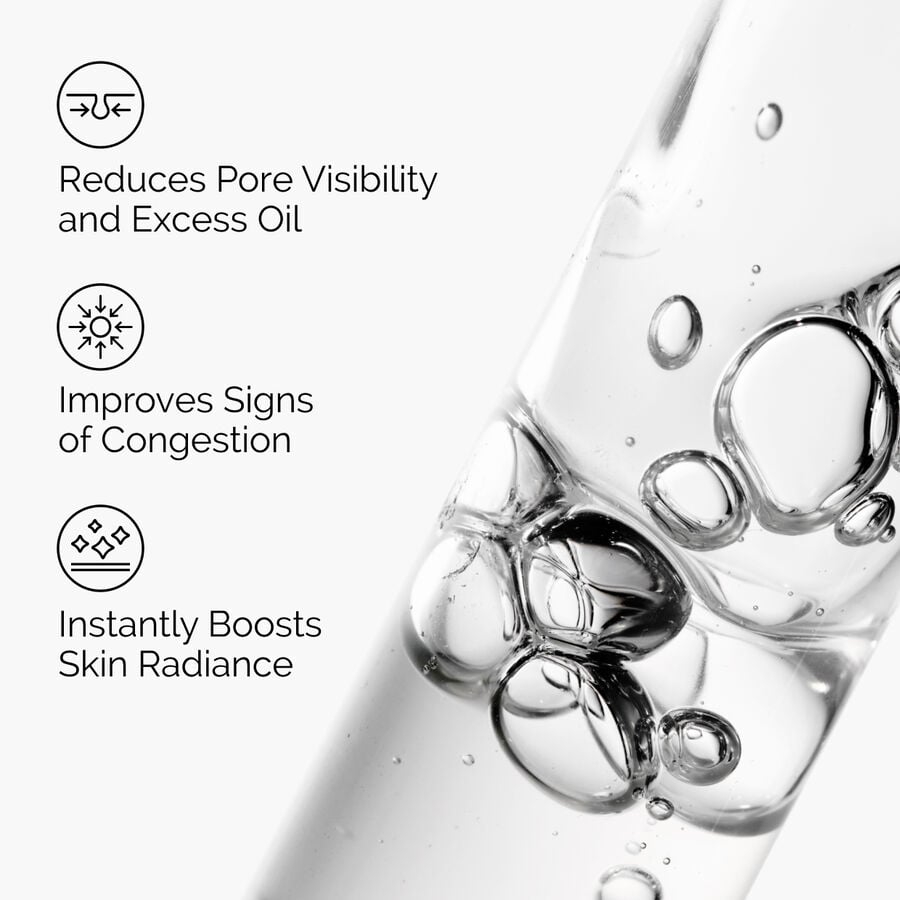 Graphic showing the instant radiance and minimized pore benefits of Niacinamide 10% + Zinc 1%