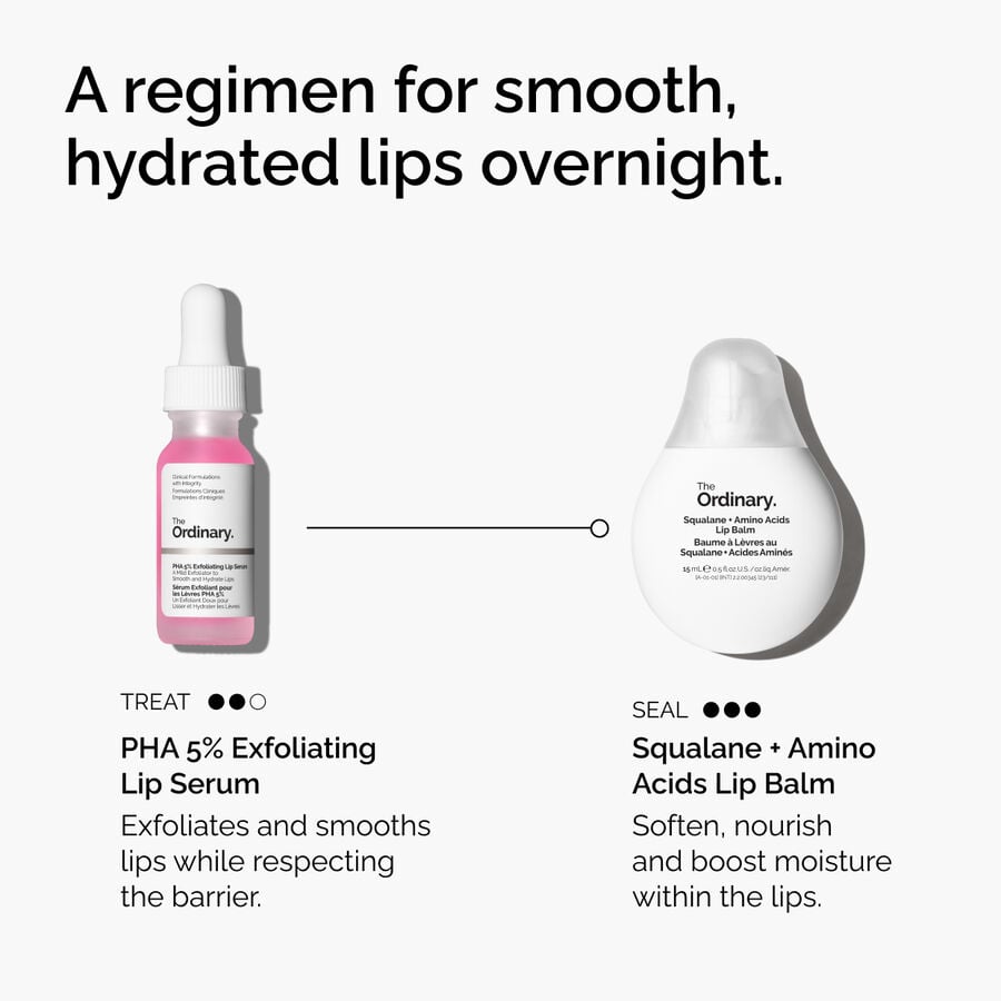 Pair PHA 5% Lip Exfoliating Serum with Squalane + Amino Acids Lip Balm for smooth hydrated lips