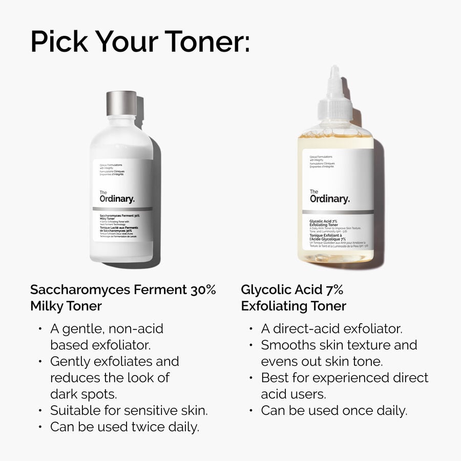 Comparison of The Ordinary toners. The Saccharomyces Milky Toner is a gentle, non-acid exfoliator for sensitive skin. The Glycolic Acid 7% Toner is a direct-acid exfoliator for experienced users to smooth texture.