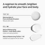 Target darkpspots and texture with Niacinamide 5% Face and Body Emulsion, followed by Natural Moisturizing Factors + HA for face and Natural Moisturizing Factors + Inulin Body Lotion for your body