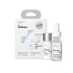 The Ordinary Target & Treat Set packaging box next to a full-size Sulfur 10% Powder-to-Cream Concentrate and a mini Niacinamide 10% + Zinc 1% serum.
