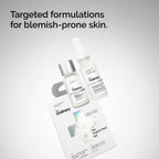 An angled studio shot of The Ordinary Target & Treat Set box and blemish treatments against a gradient backdrop. Overhead text reads: Targeted formulations for blemish-prone skin.