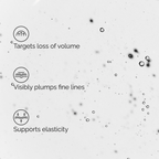 Graphic listing the key benefits of The Ordinary Volufiline 92% + Pal-Isoleucine 1% over a serum texture background. The benefits are: Targets loss of volume, Visibly plumps fine lines, and Supports elasticity.